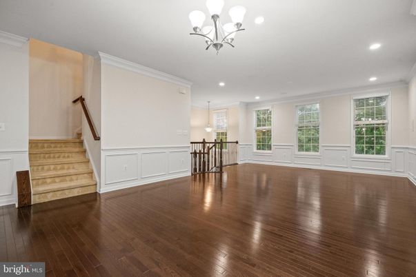 Chandelier, Dining room, Empty room, Interior, Pendant Lights, Recessed Lighting, Wood Texture Flooring