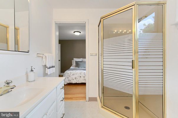 Bathroom, Bedroom, Glass Shower, Interior, Wood Texture Flooring