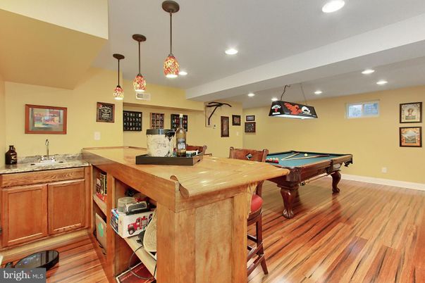 Billiard Table, Game Room, Interior, Pendant Lights, Recessed Lighting, Wood Texture Flooring