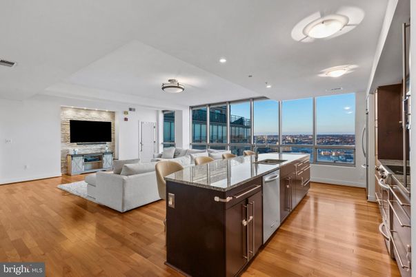 Fireplace, Interior, Kitchen, Living room, Recessed Lighting, Stainless Steel Appliances, Wood Texture Flooring
