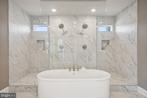 Bathroom, Free Standing Baths, Glass Shower, Interior, Marble, Marble Walls, Recessed Lighting