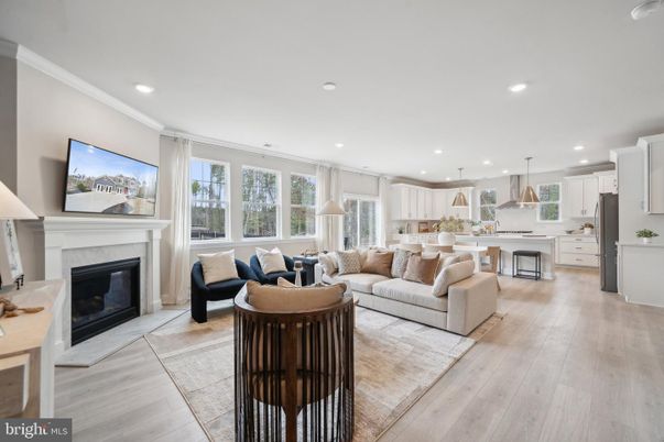 Fireplace, Interior, Kitchen, Living room, Pendant Lights, Recessed Lighting, Wood Texture Flooring