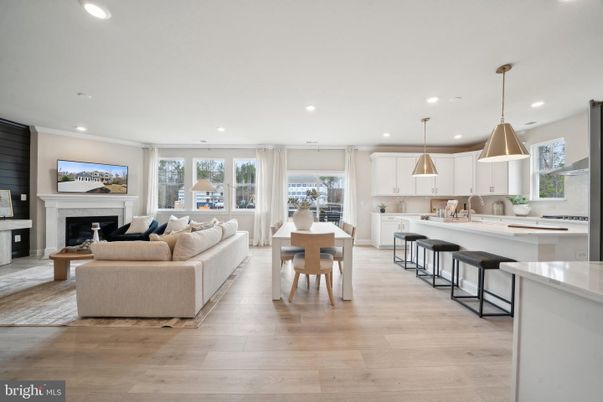 Dining room, Fireplace, Interior, Kitchen, Living room, Pendant Lights, Recessed Lighting, Wood Texture Flooring
