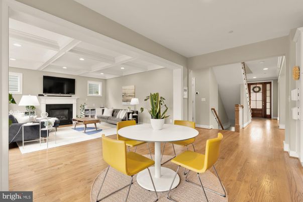 Dining room, Fireplace, Interior, Living room, Recessed Lighting, Wood Texture Flooring
