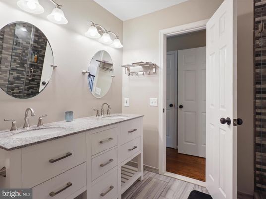 Bathroom, Dual Sink Vanities, Interior, Wood Texture Flooring