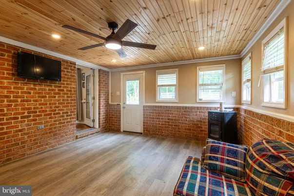 Empty room, Interior, Recessed Lighting, Stone Walls, Wooden Ceilings, Wood Texture Flooring