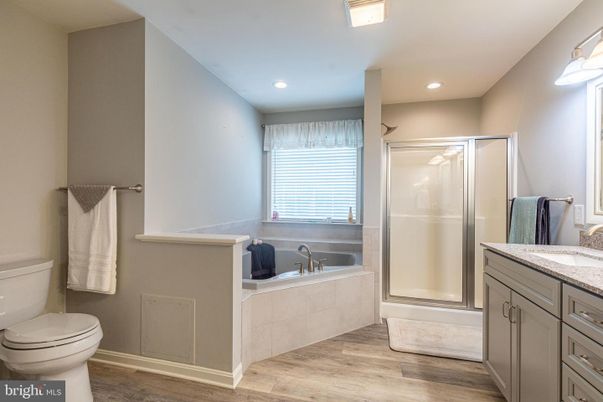 Bathroom, Glass Shower, Interior, Recessed Lighting, Wood Texture Flooring
