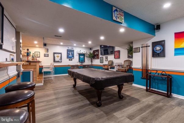 Billiard Table, Game Room, Interior, Recessed Lighting, Wood Texture Flooring