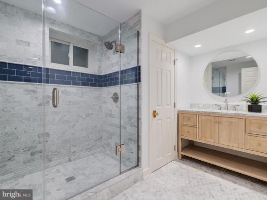 Bathroom, Glass Shower, Interior, Marble, Marble Walls, Recessed Lighting