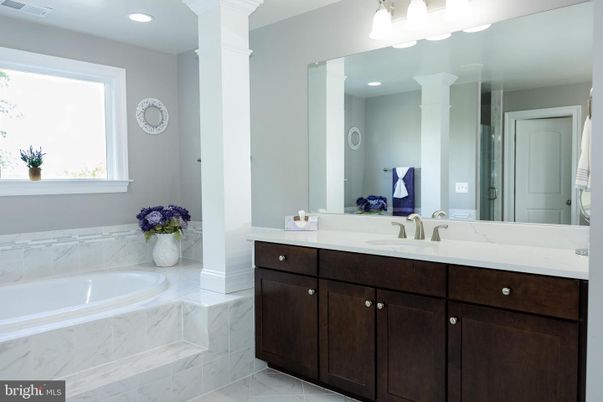 Bathroom, Dual Sink Vanities, Interior, Marble, Recessed Lighting