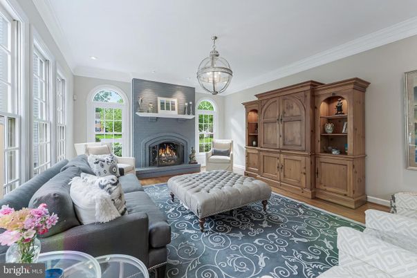 Chandelier, Fireplace, Interior, Living room, Recessed Lighting, Wood Texture Flooring