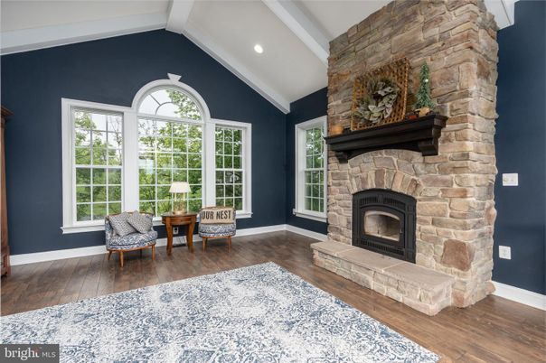 Fireplace, Interior, Recessed Lighting, Stone Walls, Wood Texture Flooring