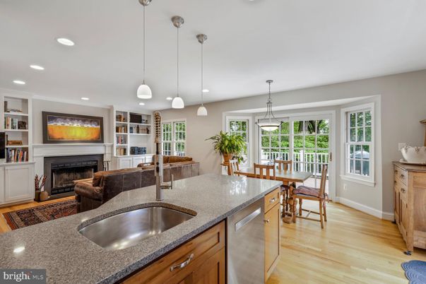 Dining room, Fireplace, Interior, Kitchen, Living room, Pendant Lights, Recessed Lighting, Wood Texture Flooring