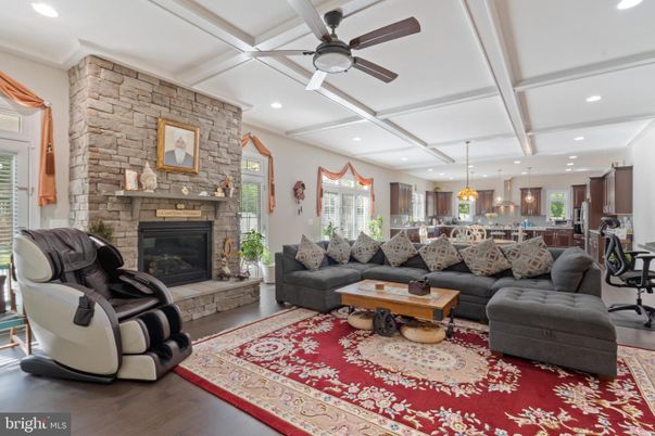 Fireplace, Interior, Kitchen, Living room, Pendant Lights, Recessed Lighting, Stone Walls, Wood Texture Flooring