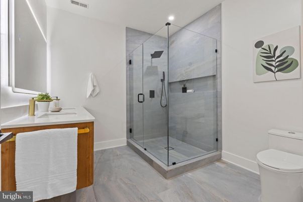 Bathroom, Glass Shower, Interior, Recessed Lighting, Wood Texture Flooring