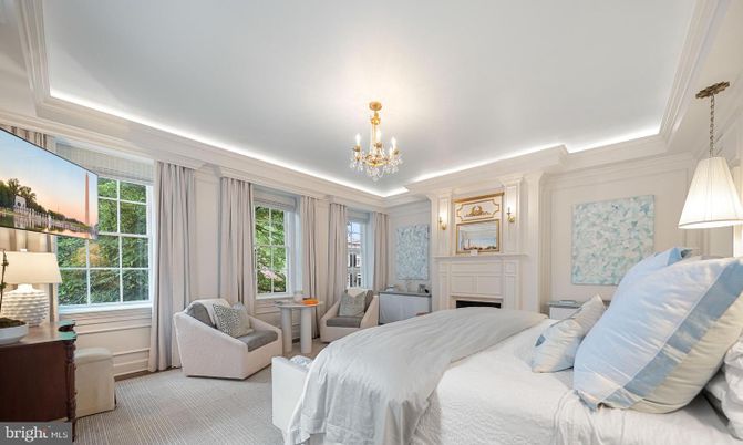 Bedroom, Chandelier, Fireplace, Interior