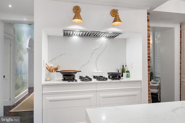 Interior, Kitchen, Marble Walls, Recessed Lighting, Wood Texture Flooring