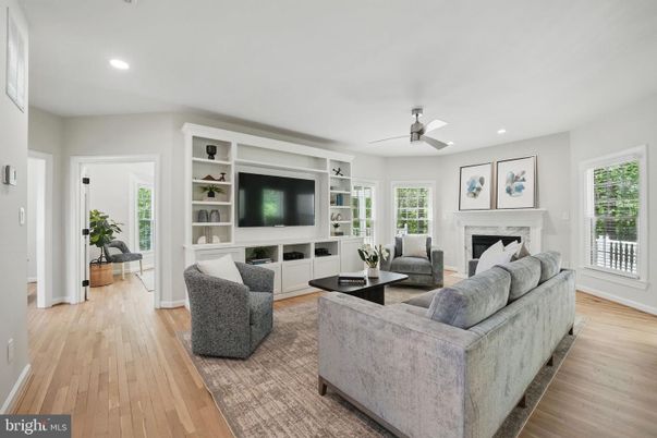 Fireplace, Interior, Living room, Recessed Lighting, Wood Texture Flooring