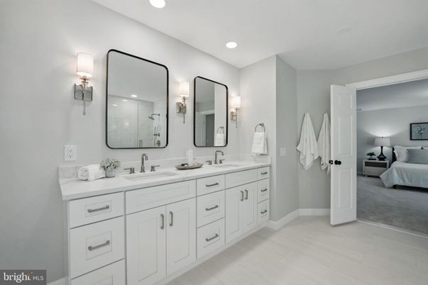 Bathroom, Bedroom, Dual Sink Vanities, Interior, Recessed Lighting, Wood Texture Flooring