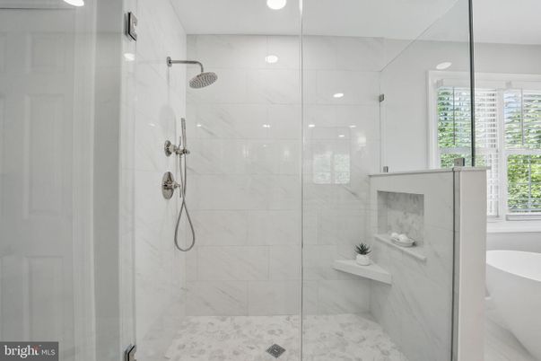 Bathroom, Glass Shower, Interior, Marble Walls, Recessed Lighting