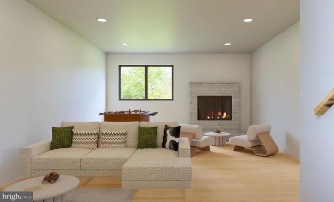 Fireplace, Interior, Living room, Recessed Lighting, Wood Texture Flooring