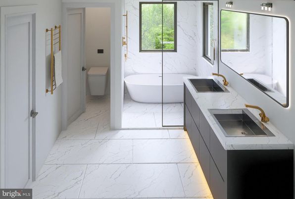 Bathroom, Dual Sink Vanities, Free Standing Baths, Interior, Marble, Marble Walls