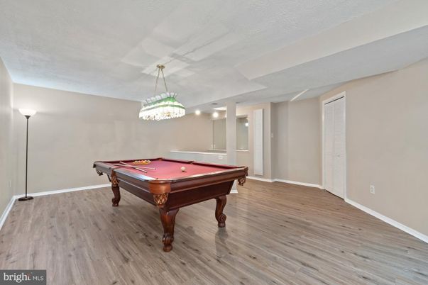 Billiard Table, Chandelier, Game Room, Interior, Pendant Lights, Wood Texture Flooring