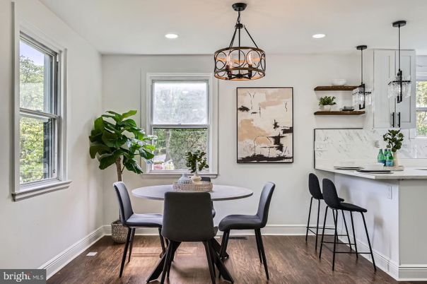 Dining room, Interior, Pendant Lights, Recessed Lighting, Wood Texture Flooring