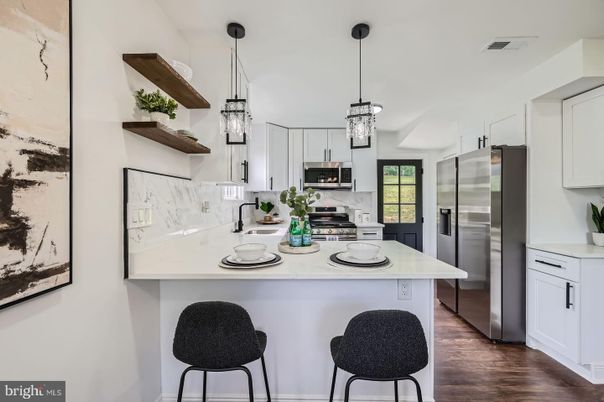 Interior, Kitchen, Pendant Lights, Stainless Steel Appliances, Wood Texture Flooring
