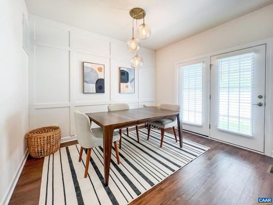 Dining room, Interior, Pendant Lights, Wood Texture Flooring