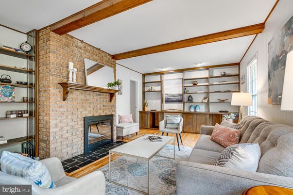 Fireplace, Interior, Living room, Recessed Lighting, Stone Walls, Wooden Beams