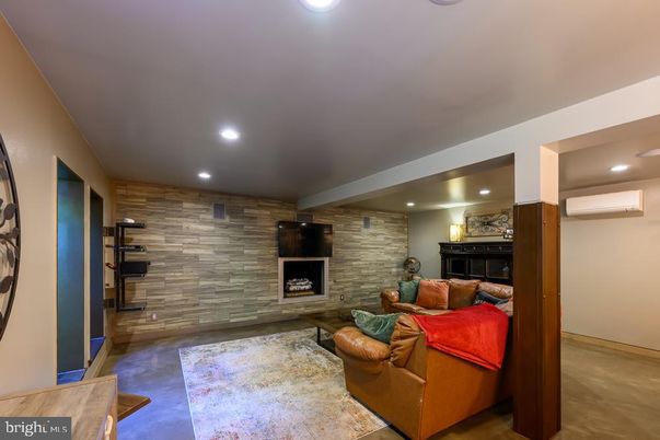 Fireplace, Interior, Living room, Recessed Lighting, Stone Walls, Wooden Walls