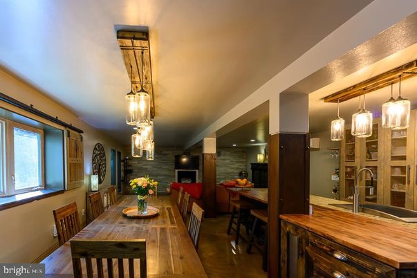 Dining room, Interior, Kitchen, Pendant Lights, Wood Texture Flooring