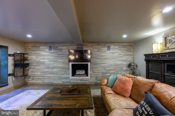 Fireplace, Interior, Living room, Recessed Lighting, Stone Walls