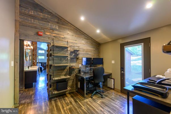Home Office, Interior, Recessed Lighting, Wood Texture Flooring, Wooden Walls
