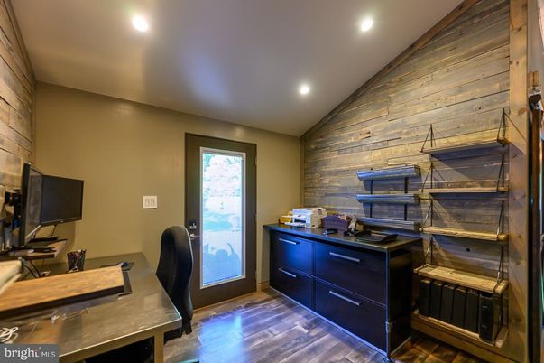 Home Office, Interior, Recessed Lighting, Wood Texture Flooring, Wooden Walls
