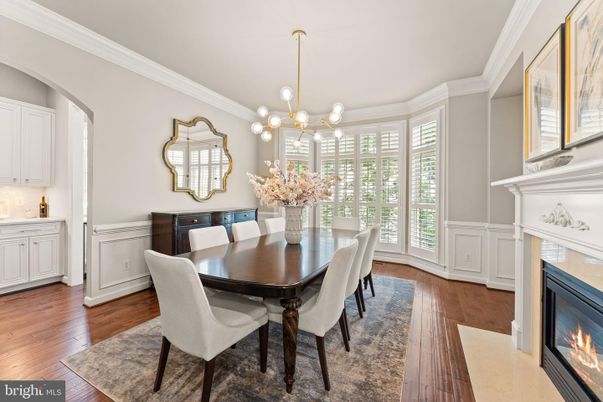 Dining room, Fireplace, Interior, Pendant Lights, Wood Texture Flooring