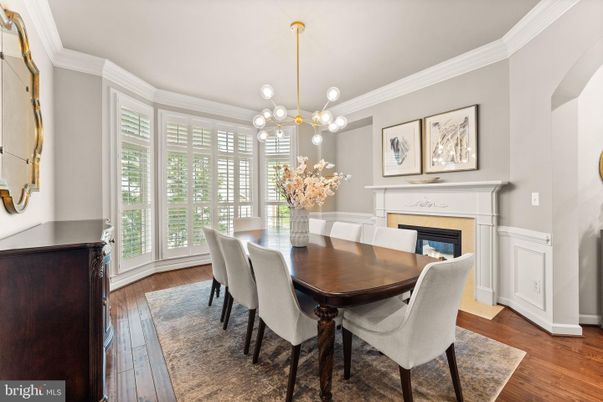Dining room, Fireplace, Interior, Pendant Lights, Wood Texture Flooring