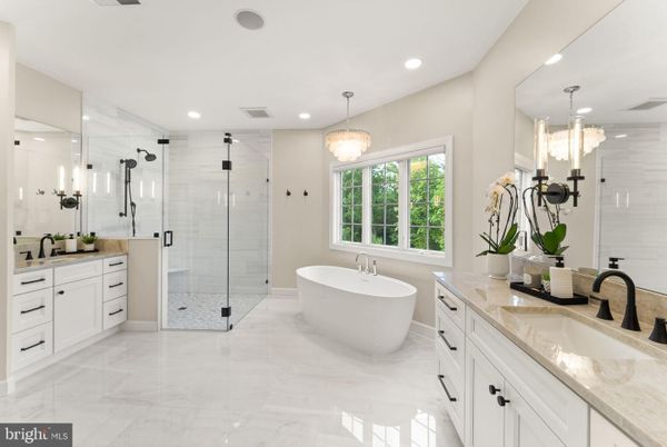 Bathroom, Chandelier, Dual Sink Vanities, Free Standing Baths, Glass Shower, Interior, Marble, Recessed Lighting