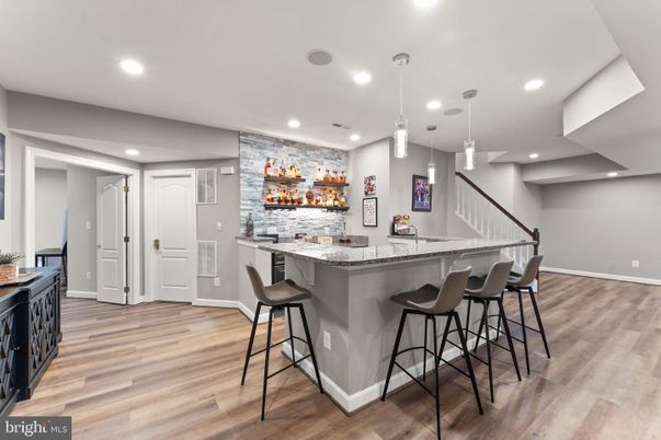 Interior, Pendant Lights, Recessed Lighting, Stone Walls, Wood Texture Flooring