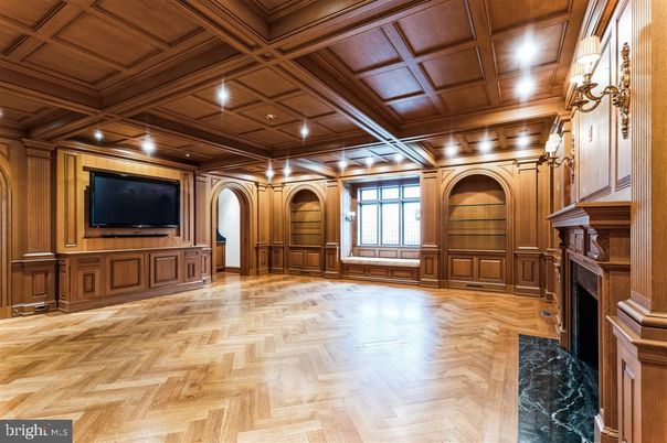 Empty room, Fireplace, Interior, Recessed Lighting, Wooden Beams, Wooden Ceilings, Wood Texture Flooring, Wooden Walls