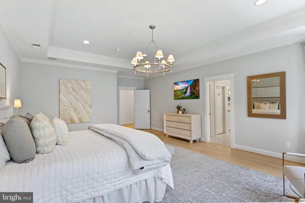 Bedroom, Chandelier, Interior, Recessed Lighting, Wood Texture Flooring