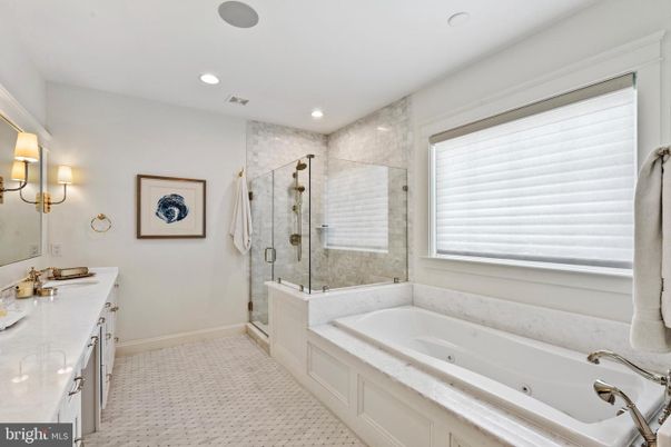 Bathroom, Dual Sink Vanities, Glass Shower, Interior, Recessed Lighting