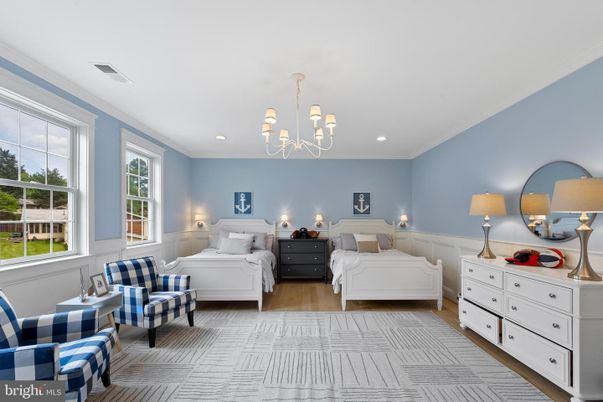 Bedroom, Chandelier, Interior, Recessed Lighting, Wood Texture Flooring