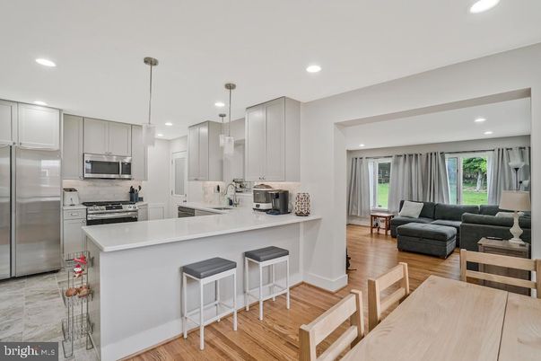 Interior, Kitchen, Living room, Pendant Lights, Recessed Lighting, Stainless Steel Appliances, Wood Texture Flooring