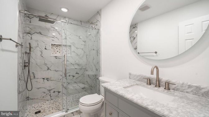 Bathroom, Glass Shower, Interior, Marble Walls, Recessed Lighting