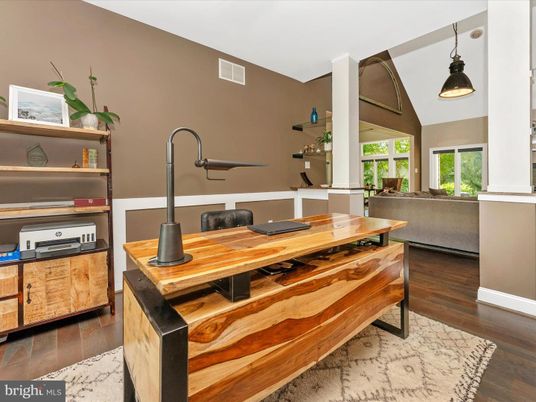 Home Office, Interior, Pendant Lights, Wood Texture Flooring