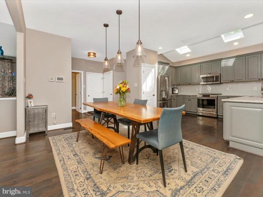Dining room, Interior, Kitchen, Pendant Lights, Recessed Lighting, Stainless Steel Appliances, Wood Texture Flooring