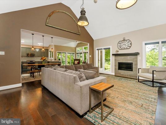 Dining room, Fireplace, Interior, Kitchen, Living room, Pendant Lights, Wood Texture Flooring