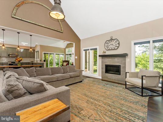 Fireplace, Interior, Kitchen, Living room, Pendant Lights, Wood Texture Flooring